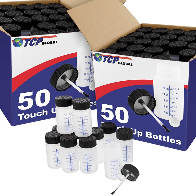 TCP Global 2-Ounce Paint Touch-Up Bottles with Safety Lids (Box of 100), Mixing Ball, and Applicator Brush - 60ml Fluid Capacity for Auto, Car, and Craft Projects - Image 1